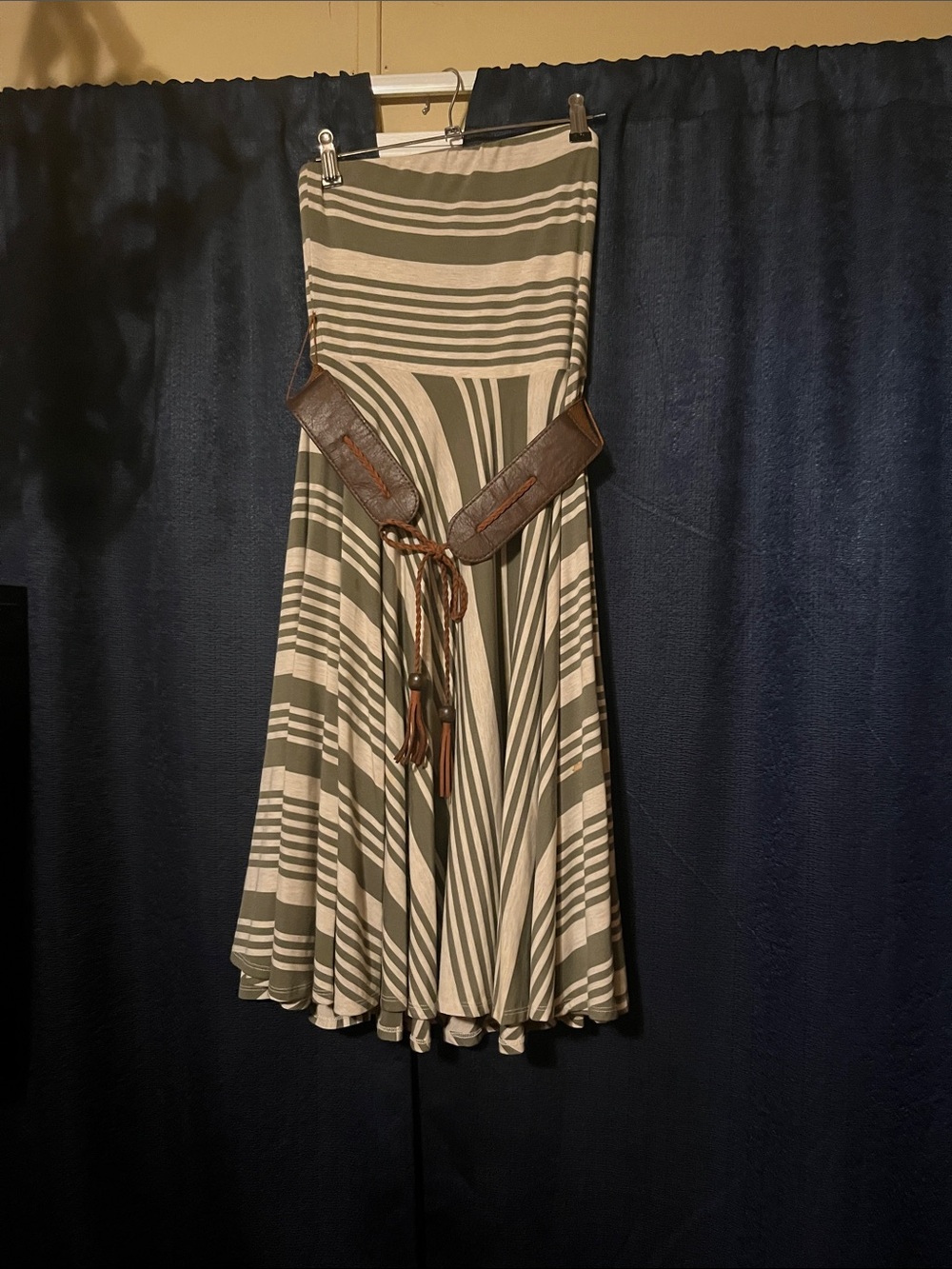Maurices Olive and Cream Striped Midi Dress with Decorative Belt